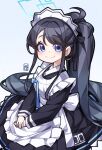  1girl absurdly_long_hair absurdres apron arang_(arang0220) aris_(blue_archive) aris_(maid)_(blue_archive) black_dress blue_archive blue_halo closed_mouth commentary_request dress frilled_apron frills halo highres korean_commentary long_hair long_sleeves looking_at_viewer maid maid_apron maid_headdress mixed-language_commentary official_alternate_costume smile solo very_long_hair white_apron 