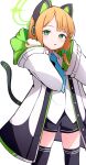  1girl animal_ear_headphones animal_ears black_skirt black_thighhighs blonde_hair blue_archive blue_necktie blush cat_tail collared_shirt fake_animal_ears feet_out_of_frame green_eyes green_halo halo headphones highres jacket long_sleeves looking_at_viewer midori_(blue_archive) necktie open_mouth pleated_skirt shirt short_hair simple_background skirt solo tail thigh-highs two-sided_fabric two-sided_jacket white_background white_jacket white_shirt wide_sleeves yun_(kbdenz9) 