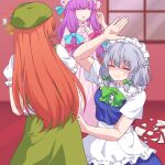 3girls apron baggy_clothes beret blunt_bangs braid broken_plate china_dress chinese_clothes comedy dress grey_hair hat highres hong_meiling izayoi_sakuya kaoling maid maid_apron maid_headdress mob_cap multiple_girls patchouli_knowledge plate puffy_sleeves purple_hair redhead touhou twin_braids