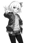 1girl :d collared_shirt commentary cowboy_shot fang greyscale hair_ribbon hand_in_pocket jacket long_sleeves looking_at_viewer monochrome neck_ribbon no_color onkn_sxkn open_clothes open_jacket open_mouth pantyhose ribbon rumia shirt short_hair shorts simple_background smile solo touhou v white_background