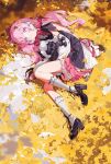 +_+ 1girl ahoge anke_(wuthering_waves) blush bow dress hair_ornament highres long_hair looking_at_viewer low_twintails lying on_side open_mouth pink_hair pink_skirt ribbon skirt socks solo tatatsu thighs twintails violet_eyes white_socks wuthering_waves 