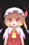  ... ascot black_background blonde_hair collared_shirt empty_eyes fangs flandre_scarlet frilled_shirt_collar frills harunoha hat hat_ribbon highres mob_cap one_side_up open_mouth puffy_short_sleeves puffy_sleeves red_eyes red_ribbon red_vest ribbon shirt short_hair short_sleeves slit_pupils touhou upper_body vest wings yellow_ascot 