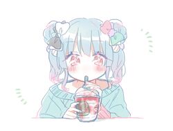  1girl black_bow blue_hair blush bow cha_ipride cup disposable_cup double_bun drink drinking drinking_straw gradient_hair green_nails green_shirt hair_between_eyes hair_bow hair_bun highres holding holding_drink hyodou_shizuku idoly_pride long_bangs long_sleeves looking_at_viewer multicolored_hair nail_polish notice_lines pink_hair red_eyes ribbed_shirt shirt sidelocks simple_background solo straight-on twintails two-tone_bow upper_body white_background white_bow 