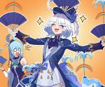  2girls :d ^_^ aqua_(konosuba) aqua_hair closed_eyes crossover crying detached_sleeves dylanlin eyelashes folding_fan furina_(genshin_impact) genshin_impact hair_over_one_eye hair_rings hand_fan holding holding_fan kono_subarashii_sekai_ni_shukufuku_wo! multicolored_hair multiple_girls o_o orange_background rainbow short_hair single_hair_ring smile tears two-tone_hair 