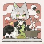  1girl 1other =_= animal animal_ear_fluff animal_ears arknights black_hood blush border bowl broccoli cat_ears cat_girl chibi commentary cooking_pot doctor_(arknights) dress excited fish food green_dress green_eyes highres holding holding_animal holding_fish holding_ladle hood jacket kal&#039;tsit_(arknights) kdmr0402 ladle long_sleeves looking_at_viewer mask omelet onigiri sausage short_hair signature steam stove symbol-only_commentary tamagoyaki watch watch white_hair white_jacket 