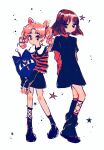  2girls arm_behind_back bishoujo_senshi_sailor_moon black_footwear blush_stickers boots chibi_usa fashion highres itsunko_(itsunky) luna-p multiple_girls pink_hair red_eyes red_socks simple_background size_difference socks standing star_(symbol) tomoe_hotaru white_background 