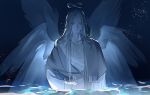  1boy angel angel_wings blue_theme chinese_commentary commentary_request dark grey_eyes grey_hair highres in_water infinity_symbol long_hair looking_at_viewer lord_of_the_mysteries multiple_wings night night_sky ouroboros_(lord_of_the_mysteries) robe sketch sky solo star_(sky) starry_sky tianlihutong water white_robe wings 