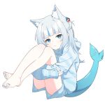 absurdres alternate_costume animal_ear_fluff animal_ears barefoot blue_eyes blue_nails cat_ears cat_tail crossed_legs dot_nose fang fins fish_tail full_body gawr_gura half-closed_eyes highres hololive hololive_english hugging_own_legs light_blush looking_at_viewer multicolored_hair nail_polish pajamas shark_girl shark_tail streaked_hair striped striped_pajamas tail thighs toenail_polish toenails toes ugaaaa5 white_background white_hair 
