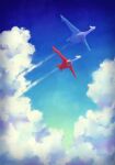  7_phi_3 animal_focus blue_skin blue_sky clouds cloudy_sky colored_skin commentary_request from_below gradient_sky highres latias latios no_humans pokemon pokemon_(creature) red_eyes red_skin sky wings yellow_eyes 