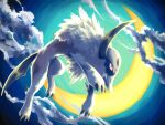  7_phi_3 absol clouds crescent_moon forehead_jewel from_below highres horns jumping moon night night_sky pokemon pokemon_(creature) red_eyes single_horn sky tail white_fur 