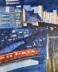  apartment bridge building city cityscape dark highres light navel no_humans original painting_(medium) railroad_tracks sakaue111 scenery shadow traditional_media train watercolor_(medium) window 