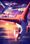  7_phi_3 animal_focus blue_skin claws clouds cloudy_sky colored_skin commentary_request flying highres horizon latias latios no_humans pokemon pokemon_(creature) red_skin reflection reflective_water sky sunrise white_skin wings yellow_eyes 