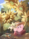  :o blue_eyes blue_sky blush_stickers bow clouds colored_skin commentary_request day flower hand_on_headwear hat hat_bow highres holding holding_flower kirby kirby_(series) leaf looking_ahead misodo no_humans outdoors oversized_flower parted_lips pink_skin red_footwear shoes sky solo sun_hat sunflower walking yellow_bow yellow_flower yellow_headwear 
