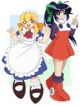  2girls absurdres andou_mahoro apron blonde_hair blue_hair cosplay costume_switch dark_blue_hair green_eyes green_ribbon highres looking_at_viewer mahoromatic maid maid_apron maid_headdress mega_man_(series) multiple_girls nico-neko red_footwear ribbon roll_(mega_man) simple_background smile 