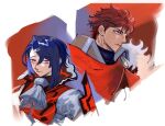  2boys alcryst_(fire_emblem) ascot asymmetrical_hair blue_hair brothers closed_mouth diamant_(fire_emblem) fire_emblem fire_emblem_engage high_collar highres looking_to_the_side male_focus mochako_(motyako_1005) multiple_boys red_eyes redhead short_hair siblings simple_background white_ascot 