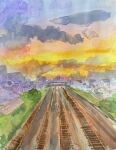  bridge building city clouds cloudy_sky highres morning no_humans orange_sky original painting_(medium) railroad_tracks sakaue111 sky sunlight sunset traditional_media watercolor_(medium) 