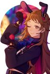  1girl absurdres animal_ears belt black_belt black_bunny_(ensemble_stars!) black_gloves blue_bow blue_jacket bow brown_eyes brown_hair crop_top ensemble_stars! fake_animal_ears genderswap genderswap_(mtf) gloves hair_ornament headset heart heart_hair_ornament highres jacket long_hair long_sleeves lummy_yummy neck_ribbon one_eye_closed rabbit_ears ribbon short_bangs solo tenma_mitsuru 