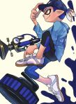  1boy black_pants blue_hair blue_sweater commentary_request curling_bomb_(splatoon) from_side gun hat highres holding holding_gun holding_weapon inkling inkling_boy nastar_r0 orange_eyes paint_splatter pants pointy_ears ponytail shoes simple_background smile solo splatoon_(series) sploosh-o-matic_(splatoon) sweater weapon white_background white_footwear 