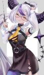  1girl armpits ascot bare_shoulders braid braided_bangs detached_sleeves glasses highres hololive horns hxk4_n la+_darknesss long_hair multicolored_hair o-ring pointy_ears ponytail purple_hair streaked_hair striped_horns thigh-highs virtual_youtuber yellow_ascot yellow_eyes 