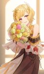  1girl blonde_hair bouquet bracelet brast47600296 choker citrinne_(fire_emblem) commentary_request dress feather_hair_ornament feathers fire_emblem fire_emblem_engage flower gold_choker gold_trim hair_ornament highres holding holding_bouquet jewelry looking_at_viewer necklace open_mouth red_eyes shawl short_hair smile solo 