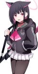  1girl black_choker black_hair black_jacket blue_archive blush choker colored_inner_hair highres hood hooded_jacket jacket kazusa_(blue_archive) long_sleeves multicolored_hair pink_hair red_eyes short_hair skirt solo white_jacket white_skirt yun_(kbdenz9) 