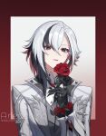  1girl arlecchino_(genshin_impact) black_eyes black_hair character_name coat flower genshin_impact grey_shirt hair_between_eyes highres holding holding_flower looking_at_viewer multicolored_hair open_clothes open_coat parted_lips red_flower red_rose rj_(lingshih10) rose shirt solo streaked_hair upper_body white_coat white_hair 