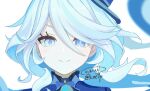  1girl blue_eyes blue_hair blue_jacket blurry close-up closed_mouth depth_of_field drop-shaped_pupils furina_(genshin_impact) furrowed_brow genshin_impact hair_between_eyes heterochromia jacket light_blue_hair long_bangs long_hair looking_at_viewer midorinokaibutu4500 mismatched_pupils signature simple_background smile solo split_mouth swept_bangs symbol-shaped_pupils unfinished upper_body white_background 