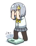 1girl bathroom_scale black_pantyhose commentary_request covering_own_eyes grey_hair grey_sailor_collar grey_skirt hair_ornament hair_over_one_eye hairclip hama!_(3toshinhmkz) hamakaze_(kancolle) kantai_collection neckerchief no_nose pantyhose pleated_skirt sailor_collar school_uniform serafuku short_hair simple_background skirt solo weighing_scale weight_conscious white_background yellow_neckerchief 