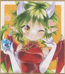  1girl border brown_eyes china_dress chinese_clothes draco_centauros dragon_tail dragon_wings dress elbow_gloves fang gloves green_hair heart horns madou_monogatari one_eye_closed open_mouth orange_background puyo_(puyopuyo) puyopuyo red_dress red_wings short_hair tail traditional_media white_border white_gloves white_horns wings wminiminiw 