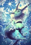  7_phi_3 :3 animal_focus blue_skin blue_sky clouds cloudy_sky colored_skin commentary_request fins forked_tail from_below head_fins highres no_humans pokemon pokemon_(creature) sky sun swimming tail vaporeon water 