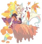  1girl absurdres animal_ears autumn_leaves commentary_request detached_sleeves hat highres hugging_own_legs inubashiri_momiji long_sleeves morino_hon photoshop_(medium) planted planted_sword shield shirt signature sitting skirt smile solo sword tail tokin_hat touhou water waterfall weapon white_hair wide_sleeves wolf_ears wolf_tail yellow_eyes 