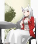  1girl absurdres alternate_costume animal_ears bow breasts commentary_request cup ear_bow gold_ship_(umamusume) grey_hair highres holding holding_cup horse_ears horse_girl jacket janome_de_omukae long_hair long_sleeves medium_breasts on_chair open_clothes open_jacket purple_bow red_eyes red_jacket ribbed_sweater sitting skirt solo sweater table teacup umamusume white_skirt 