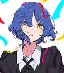  1girl atenaba black_ribbon black_sweater blue_hair bocchi_the_rock! collared_shirt confetti hair_between_eyes highres looking_at_viewer mole mole_under_eye neck_ribbon open_mouth ribbon shirt short_hair solo sweater upper_body white_background white_shirt yamada_ryo yellow_eyes 