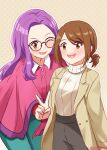  2girls :d amai-tapioca brown_eyes brown_hair coat digimon_adventure_02:_the_beginning glasses inoue_miyako long_hair looking_at_viewer medium_hair multiple_girls one_eye_closed pants purple_hair ribbed_sweater short_ponytail smile standing sweater twitter_username v white_sweater yagami_hikari yellow_coat 