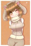  1girl animal_ears brown_background brown_eyes brown_hair elbow_gloves extra_ears gloves grey_hair highres hikarikmy hood hoodie kemono_friends looking_at_viewer microphone multicolored_hair one_eye_closed pantyhose scarf sheep_(kemono_friends) sheep_ears sheep_girl short_hair shorts simple_background smile solo two-tone_hair 