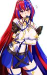  1girl absurdres alear_(female)_(fire_emblem) alear_(fire_emblem) blue_eyes blue_gloves blue_hair cape crossed_bangs fire_emblem fire_emblem_engage gloves hair_between_eyes heterochromia highres long_hair looking_at_viewer multicolored_hair open_mouth red_eyes redhead skirt smile solo split-color_hair thigh-highs tiara to_(tototo_tk) two-tone_hair very_long_hair white_background 