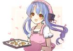  1girl :d apron black_bow blue_hair blush bow braid canaca_chiyuri commentary_request cookie crown_braid eyes_visible_through_hair floating_hair food hair_between_eyes hair_bow happy heart holding holding_tray long_hair looking_at_viewer mittens open_mouth pink_apron pink_mittens red_eyes shirt short_sleeves simple_background sketch smile solo sorakado_ao summer_pockets tray twitter_username upper_body white_background white_shirt 