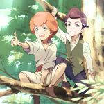  2boys afro aged_down black_hair dark-skinned_male dark_skin dasshu_(dashi_now) favaro_leone green_eyes highres kaisar_lidfald multiple_boys pompadour redhead shingeki_no_bahamut shingeki_no_bahamut:_genesis shorts smile tree vest 