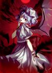  1girl absurdres bat_wings beret dress fangs hat highres looking_at_viewer maguri_rei medium_hair moon open_mouth pointy_ears red_eyes red_moon remilia_scarlet smile solo solo_focus touhou white_dress white_headwear wings 