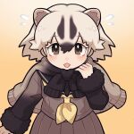  1girl :&lt; :p ananna0031 badger_ears badger_girl black_sleeves blush brown_eyes brown_hair brown_jacket brown_shirt brown_skirt extra_ears flying_sweatdrops gradient_sleeves hair_between_eyes highres jacket japanese_badger_(kemono_friends) kemono_friends light_brown_hair multicolored_hair neckerchief pleated_skirt sailor_collar school_uniform serafuku shirt short_hair sidelocks skirt solo sweater_around_neck tongue tongue_out yellow_neckerchief 