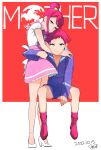  2girls absurdres blue_eyes closed_mouth copyright_name dated dress dual_persona high_heels highres hikari_shibata hood hoodie kumatora looking_at_viewer mother_(game) mother_3 multiple_girls pink_hair short_hair smile yoshikoshi_(mother_3) 