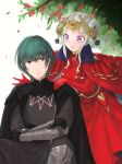  1boy 1girl armor blue_eyes byleth_(fire_emblem) byleth_(male)_(fire_emblem) cape commentary_request couple crown edelgard_von_hresvelg fire_emblem fire_emblem:_three_houses flower gloves green_hair hand_on_another&#039;s_shoulder hetero highres horns kabanshi long_hair looking_at_another open_mouth red_cape short_hair simple_background sitting smile tree violet_eyes white_background white_hair 