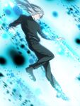  1boy android black_footwear black_pants blue_eyes epsilon_(pluto) floating_hair highres long_hair long_sleeves pants pluto_(manga) profile solo ulsae1995 white_hair 