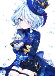  1girl absurdres ahoge ascot asymmetrical_gloves black_bow black_gloves black_shirt blue_ascot blue_bow blue_brooch blue_cape blue_eyes blue_gemstone blue_hair blue_headwear blue_jacket blush bow cape chibi closed_mouth commentary_request dot_nose furina_(genshin_impact) furrowed_brow gem genshin_impact gloves gold_trim hair_between_eyes hands_up hat hat_bow heterochromia highres hydro_symbol_(genshin_impact) ineka_ka jacket light_blue_hair long_bangs long_sleeves looking_at_viewer mismatched_gloves mismatched_pupils shirt short_hair simple_background single_hair_intake smile swept_bangs thigh_strap thighs top_hat waist_bow waist_brooch waist_cape water_drop wavy_hair white_background white_gloves 
