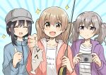  3girls betock black_hair blonde_hair blue_background blue_jacket brown_eyes camera closed_eyes clothes_writing english_text fish fishing_rod grey_hair grey_headwear highres holding holding_camera holding_fishing_rod hood hoodie jacket long_hair looking_at_viewer minagi_hiyori minagi_koharu multiple_girls orange_hoodie purple_hoodie shirt short_hair slow_loop sparkle thumbs_up twintails violet_eyes white_shirt yoshinaga_koi 