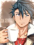  1boy absurdres blue_eyes blue_hair brown_background brown_jacket character_name closed_mouth coat collarbone copyright_name cup dog_tags earrings eiyuu_densetsu hair_between_eyes highres holding holding_cup jacket jewelry kuro_no_kiseki kuro_no_kiseki_ii light_smile looking_to_the_side male_focus mug nura red_shirt shirt short_hair simple_background single_earring smile solo van_arkride 