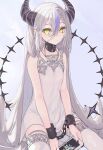  1girl absurdres ahoge bare_shoulders black_horns braid braided_bangs cellphone chain chained_wrists dress grey_hair highres hololive horns la+_darknesss long_hair multicolored_hair murasaki_shiro phone pointy_ears purple_hair smartphone streaked_hair striped_horns thigh-highs white_dress yellow_eyes 