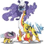  commentary_request fangs height_difference highres no_humans pokemon pokemon_(creature) raging_bolt raikou red_eyes simple_background uru_(ururu0731) violet_eyes white_background 