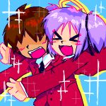  &gt;_&lt; :d blush bokusatsu_tenshi_dokuro-chan glomp halo hug jacket kusakabe_sakura mitsukai_dokuro no_eyes pepsimanan purple_hair red_jacket school_uniform shaded_face sharp_teeth smile sparkle surprised tan teeth xd 