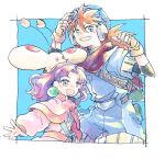  1boy 1girl blue_eyes dress earrings freckles gloves goggles goggles_on_headwear grandia grandia_i hat jewelry justin_(grandia) long_hair looking_at_viewer michibata_65 open_mouth protected_link purple_hair puui_(grandia) redhead smile sue_(grandia) 